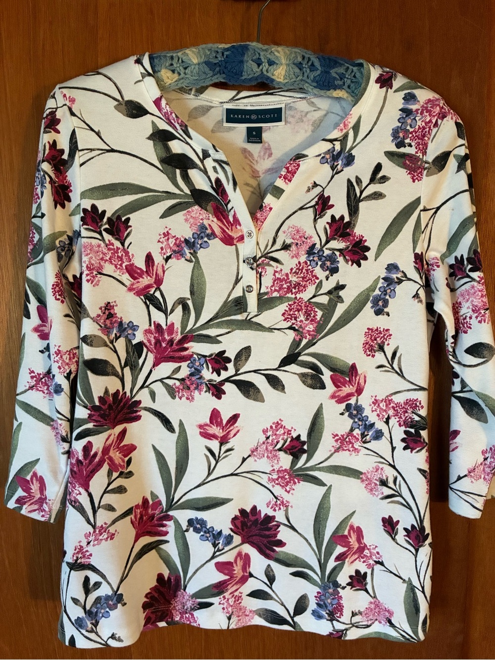 Karen Scott White Floral Henley Top with Pink & Green Botanical Print